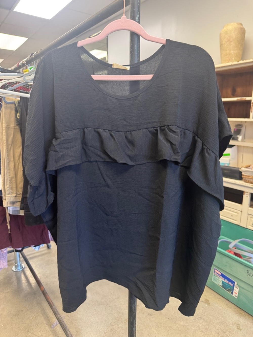 Black Ruffle Front Short Sleeve Tunic Top